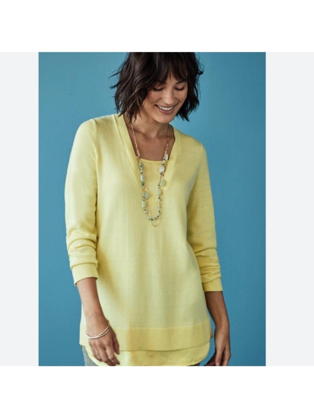 J.Jill Mixed Media Layered VNeck Sweater Buttercup Butter Yellow Sz Small Petite